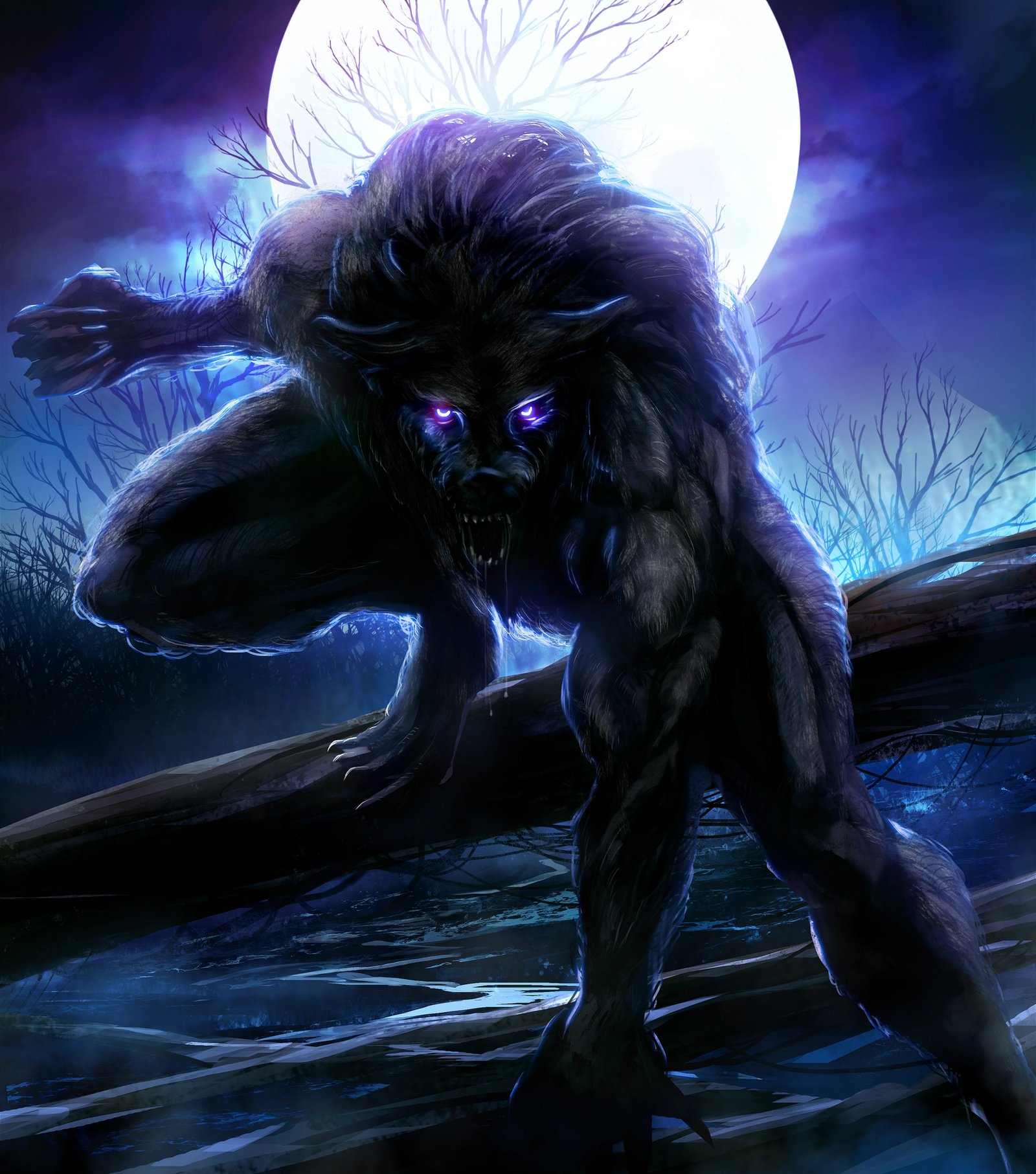 Illustration of a crouched werewolf with glowing eyes under a full moon