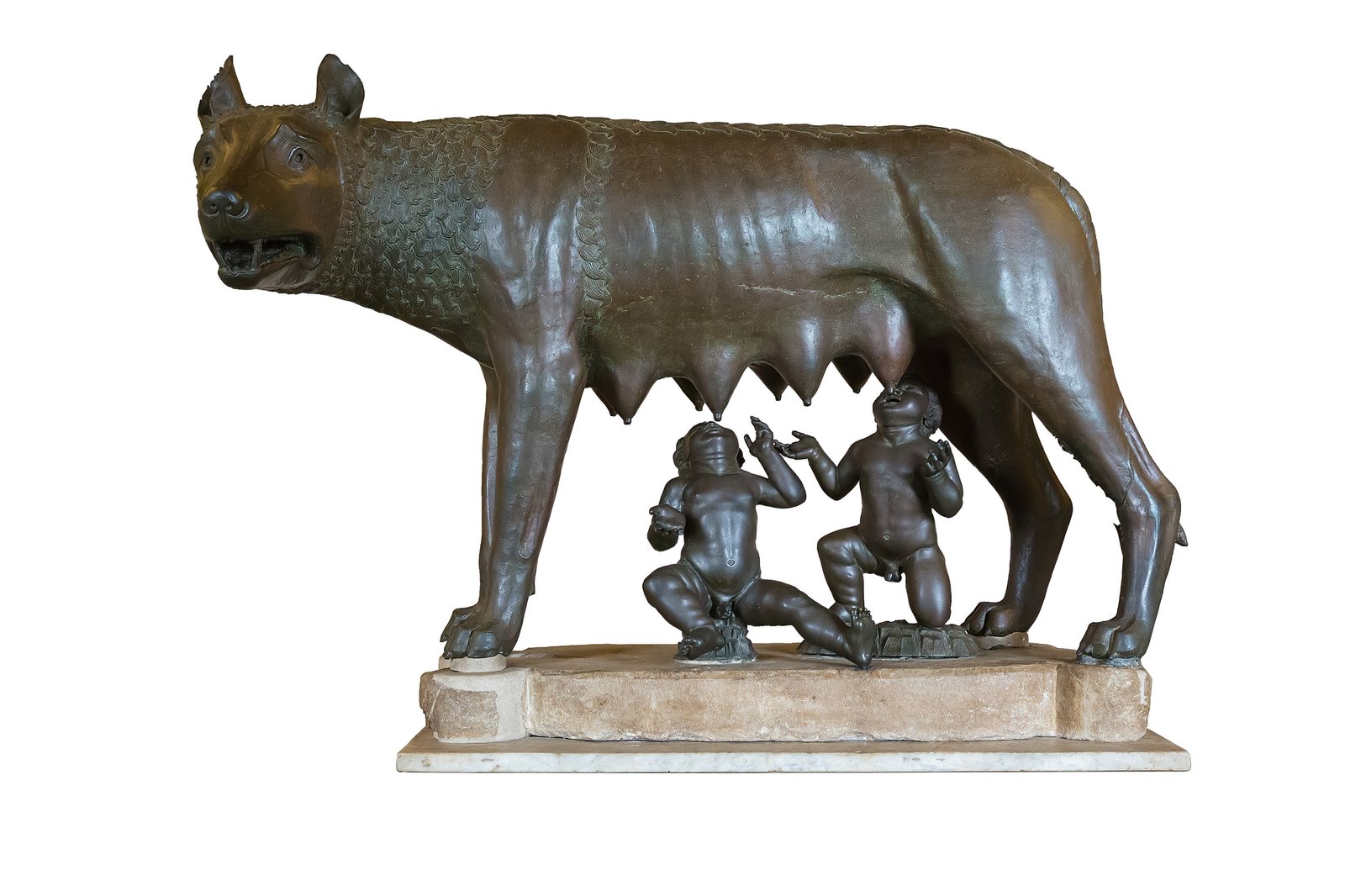 Bronze Capitoline Wolf sculpture with the infant twins Romulus and Remus nursing beneath her